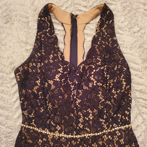 Navy Blue & Nude Lace Halter Dress - Picture 3 of 12